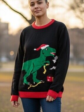 Black Holiday Sweater with Green Dino and Red Trim Size Medium
